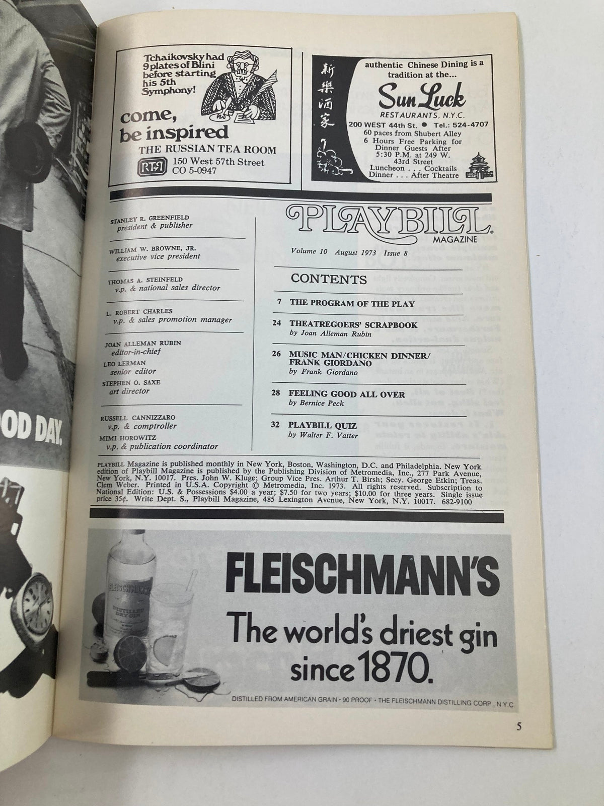 Inside page of the 1973 Playbill for The Sunshine Boys at Broadhurst Theatre, showcasing magazine contents and advertisements reflecting theatrical culture.