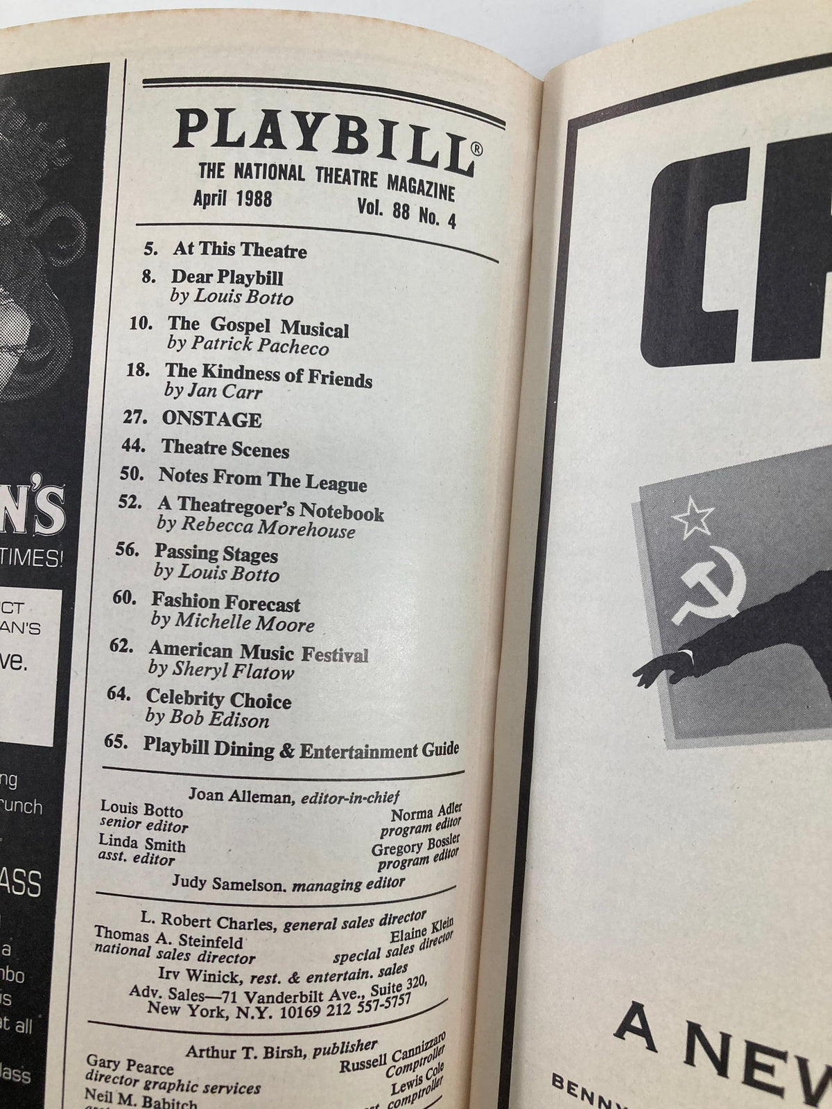 Inside page of the 1988 Playbill listing articles and features for April 1988, including information about 'At This Theatre' and various theatrical segments.