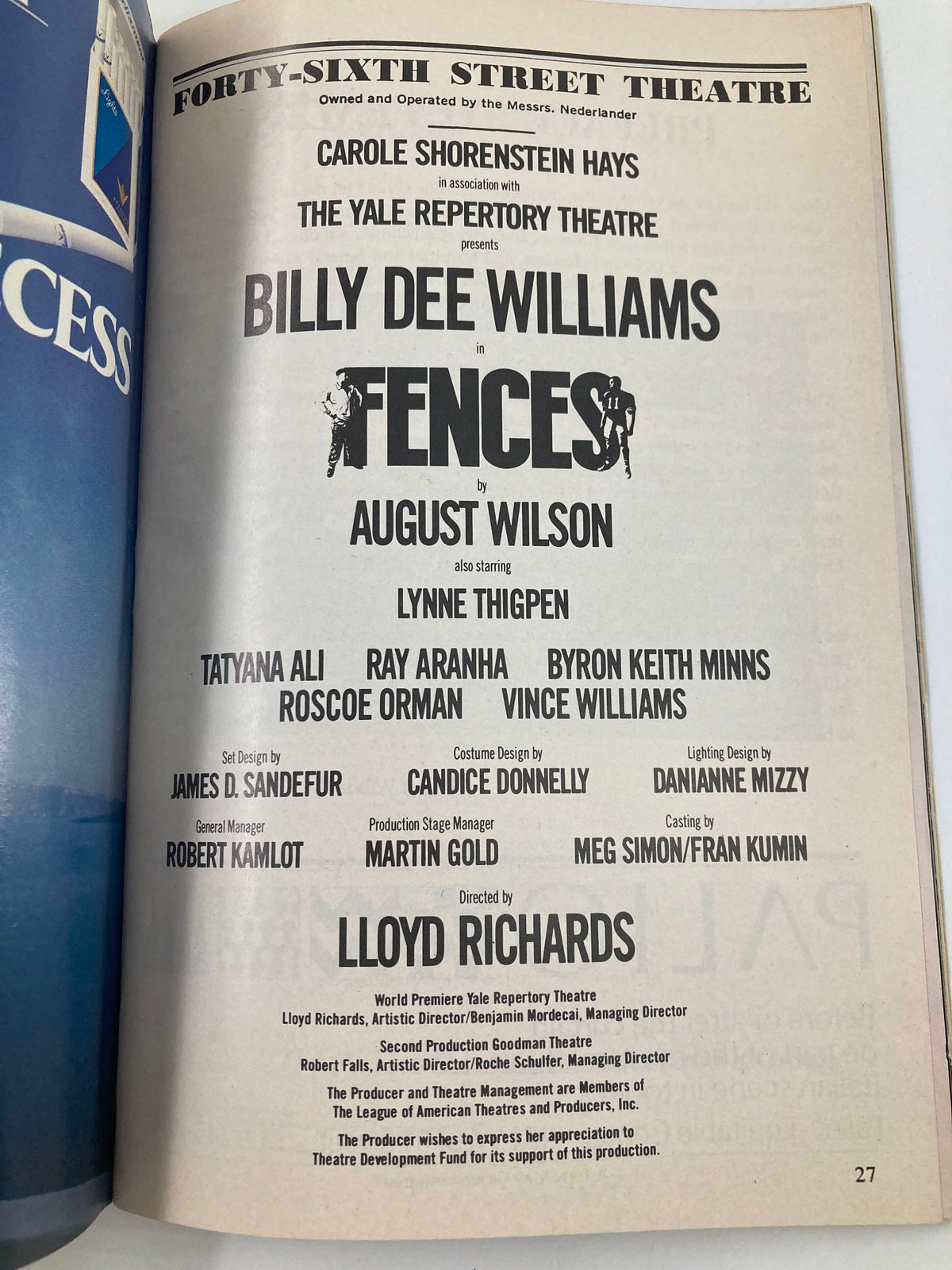 Another inside page of the 1988 Playbill highlighting Billy Dee Williams in 'Fences' by August Wilson at the 46th Street Theatre, including cast and production details.