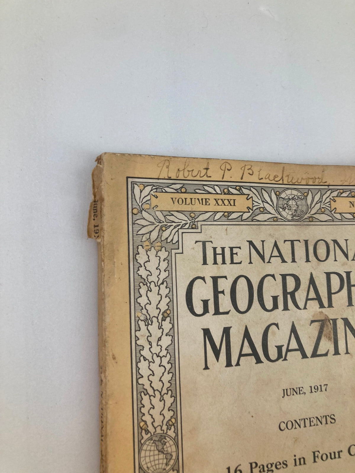 Close-up of the top corner of the front cover of VTG The National Geographic Magazine June 1917, displaying handwritten name 'Robert P. Blackwood' and publication details.