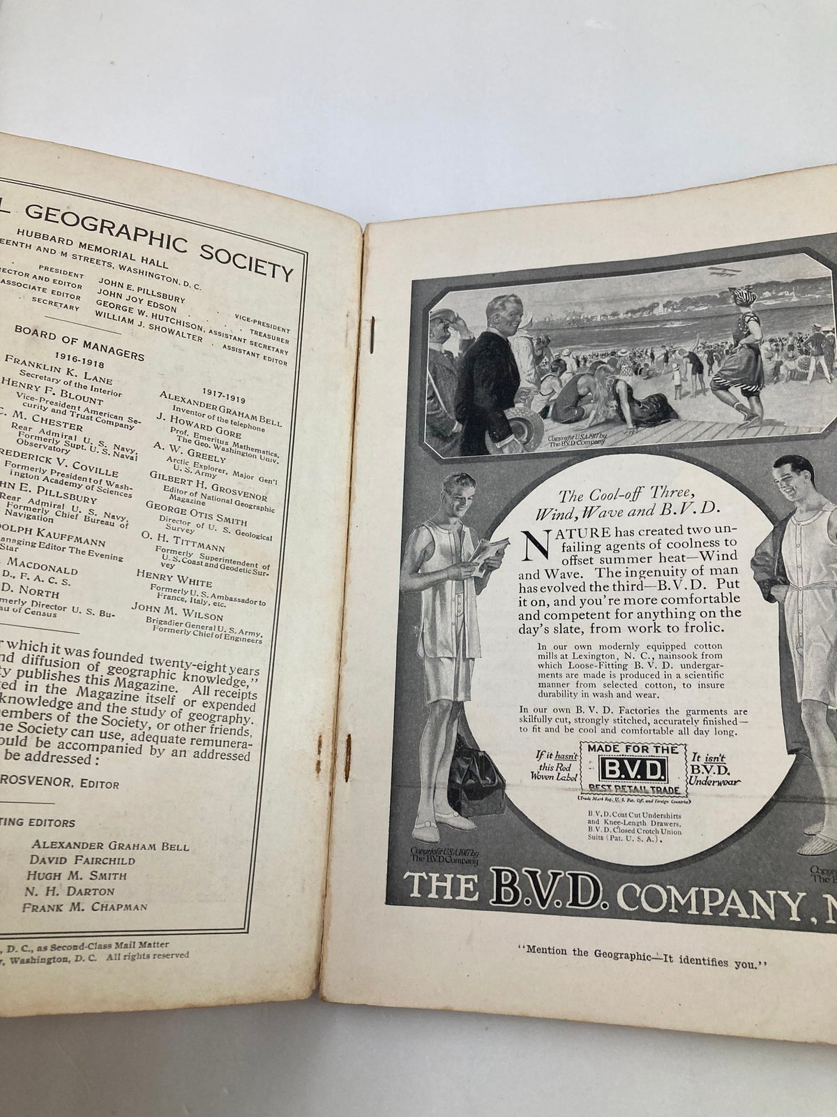 Inside page of VTG The National Geographic Magazine June 1917 showcasing the board members and contributors, highlighting the magazine's historical context.