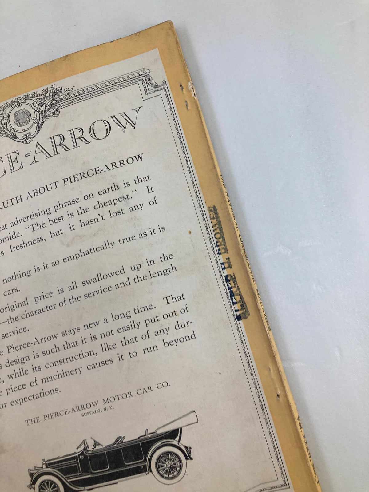 Detail of the back cover of VTG The National Geographic Magazine July 1917 displaying the Pierce-Arrow advertisement and printing details.