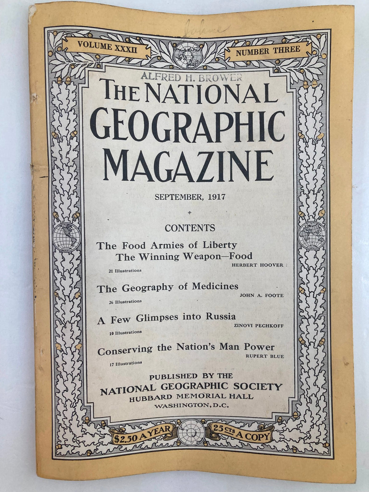Front cover of VTG The National Geographic Magazine September 1917 showcasing various articles including 'A Few Glimpses into Russia' and 'The Food Armies of Liberty'.