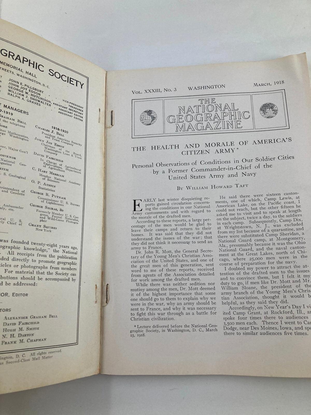 Interior page of VTG The National Geographic Magazine March 1918 featuring an article by William Howard Taft on Citizen Army morale.
