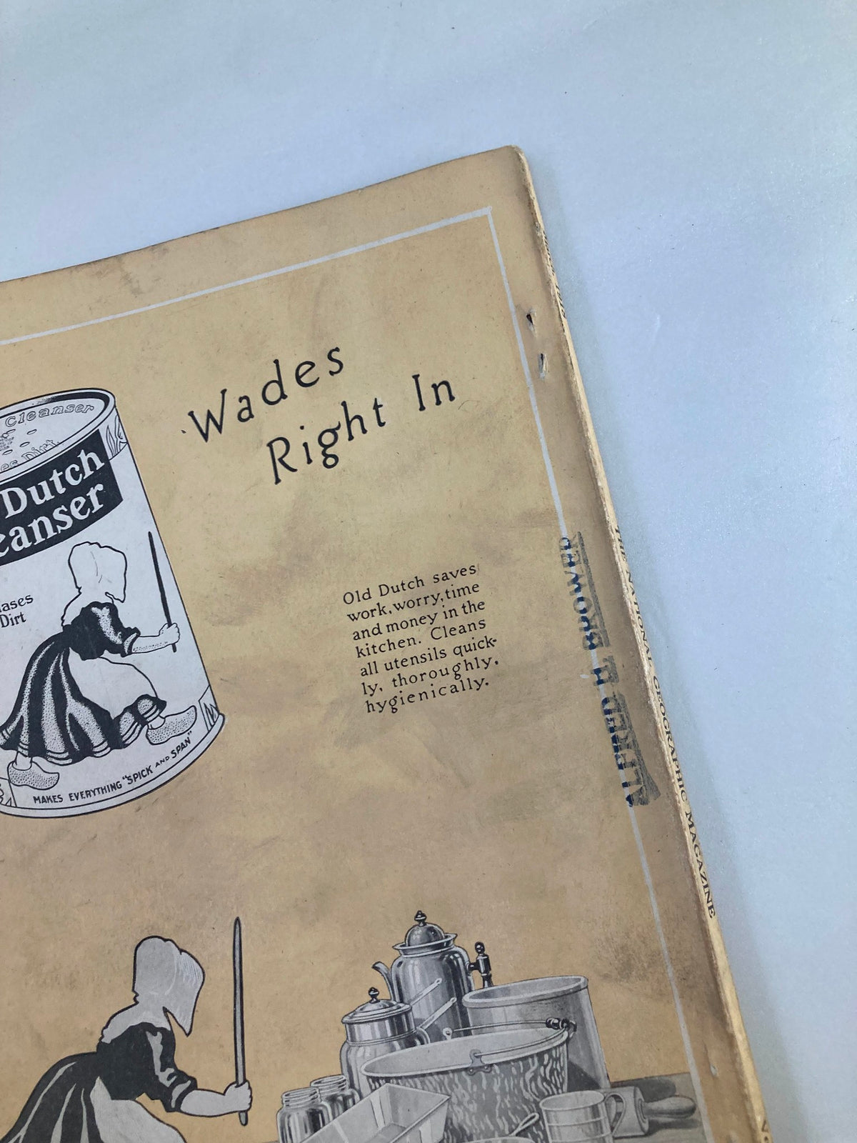 Cover page of the Vintage National Geographic Magazine March 1918 featuring article titled 'Wades Right In' discussing Old Dutch Cleanser and its efficiency in kitchen cleaning.