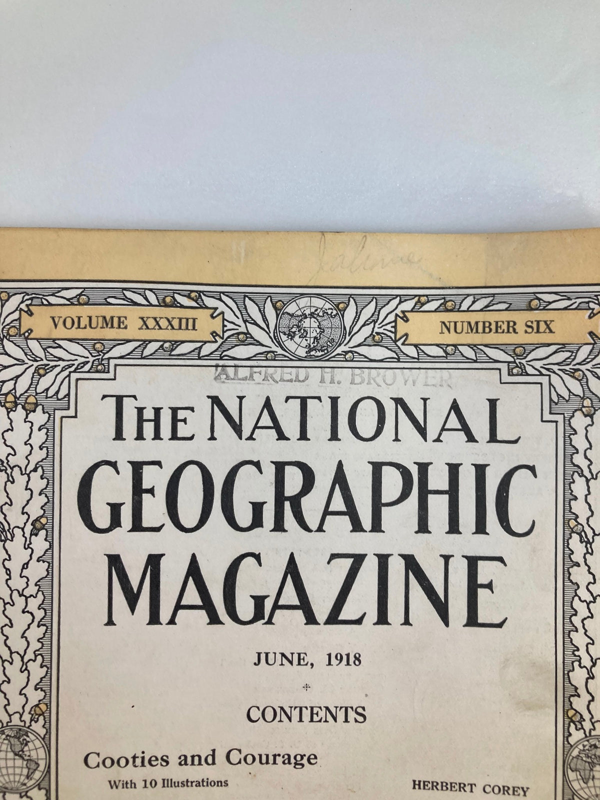 Close-up of the title page of VTG The National Geographic Magazine June 1918 showing 'Cooties and Courage' with illustrations.