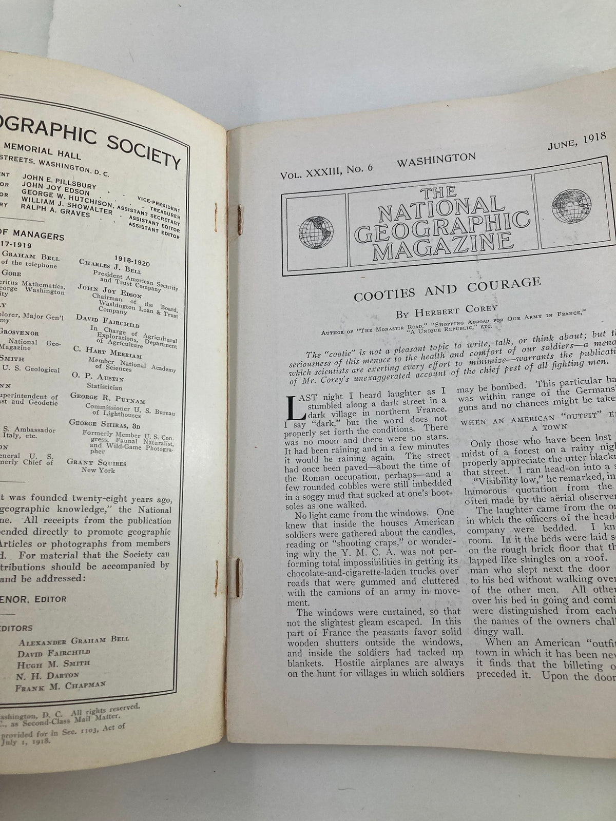 Inside view of VTG The National Geographic Magazine June 1918 displaying the opening page of the article 'Cooties and Courage' by Herbert Corey.