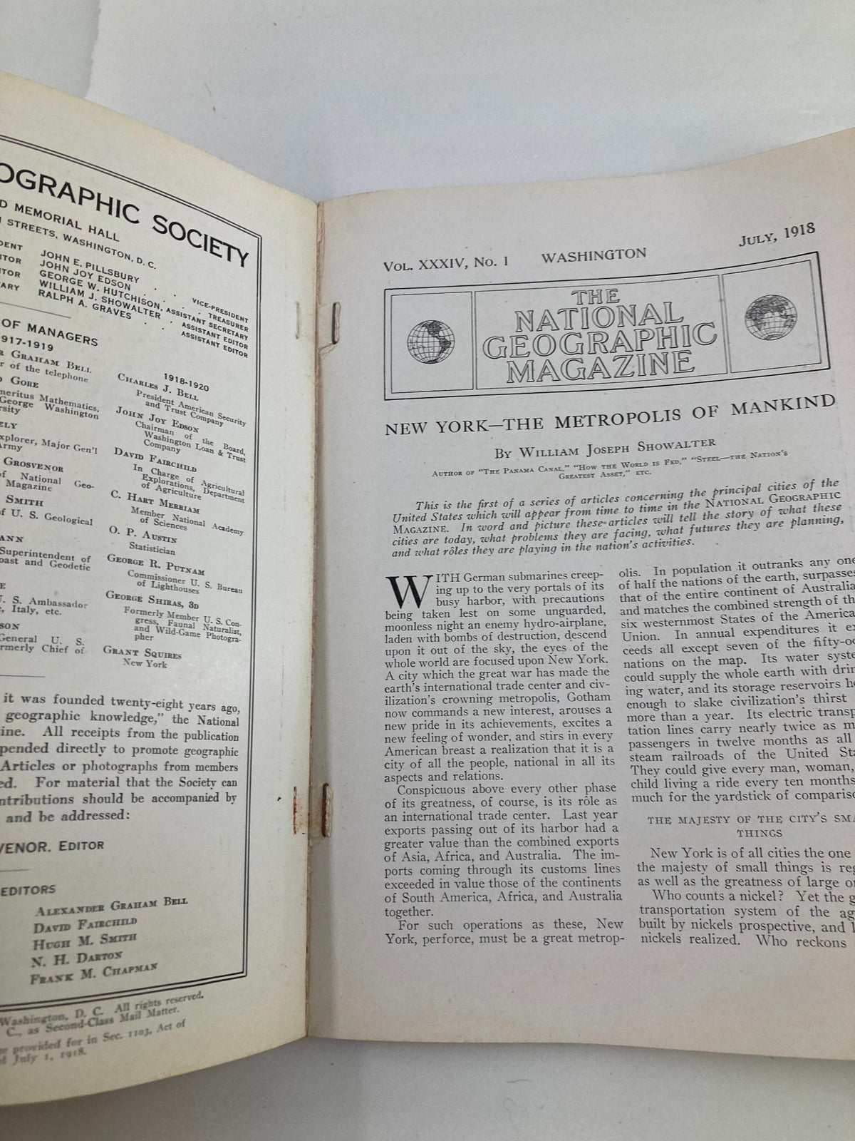 Inside page of VTG The National Geographic Magazine July 1918 displaying the article 'New York—The Metropolis of Mankind'.