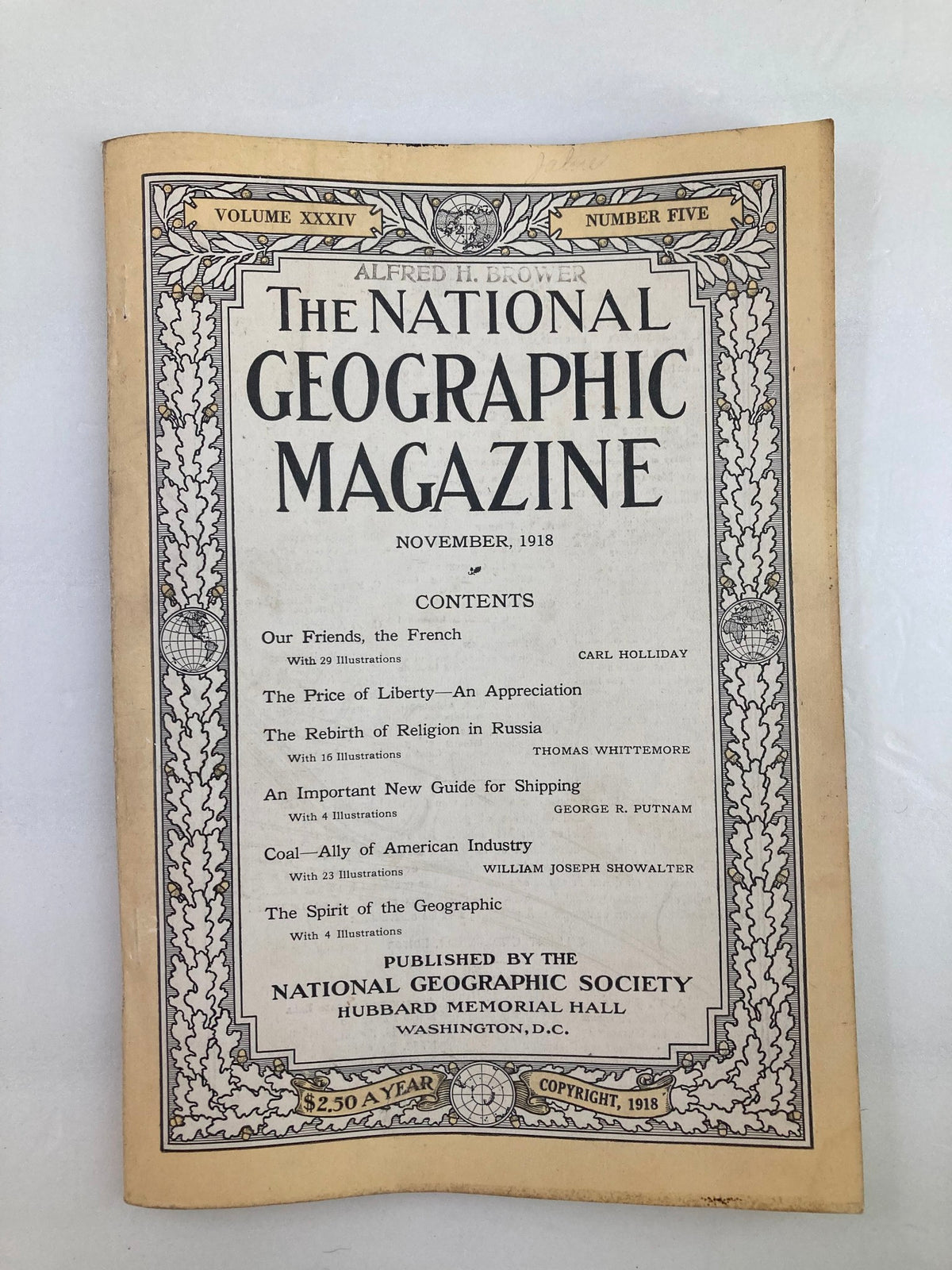 Cover of the VTG The National Geographic Magazine November 1918 titled 'The Price of Liberty', featuring the magazine title and contents.