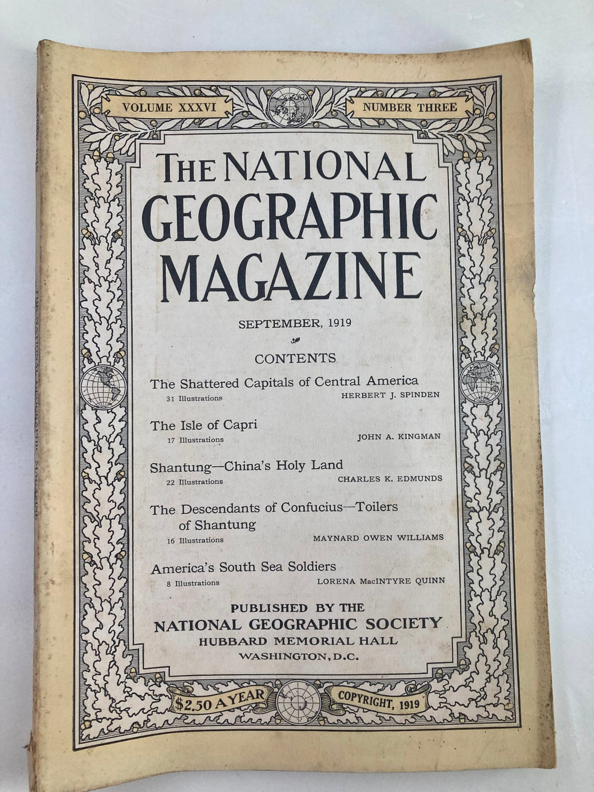 Cover page of VTG The National Geographic Magazine September 1919, featuring the table of contents and highlighting topics such as South Sea Soldiers.