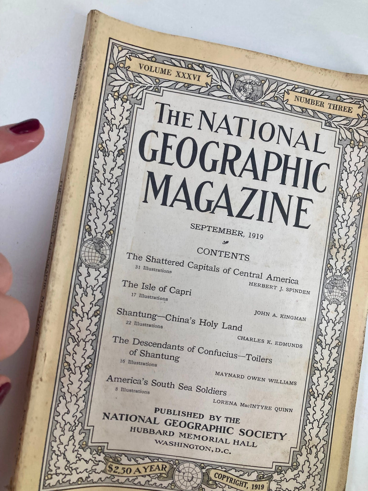 Detailed close-up of the cover of VTG The National Geographic Magazine September 1919, showcasing the title and content highlights.