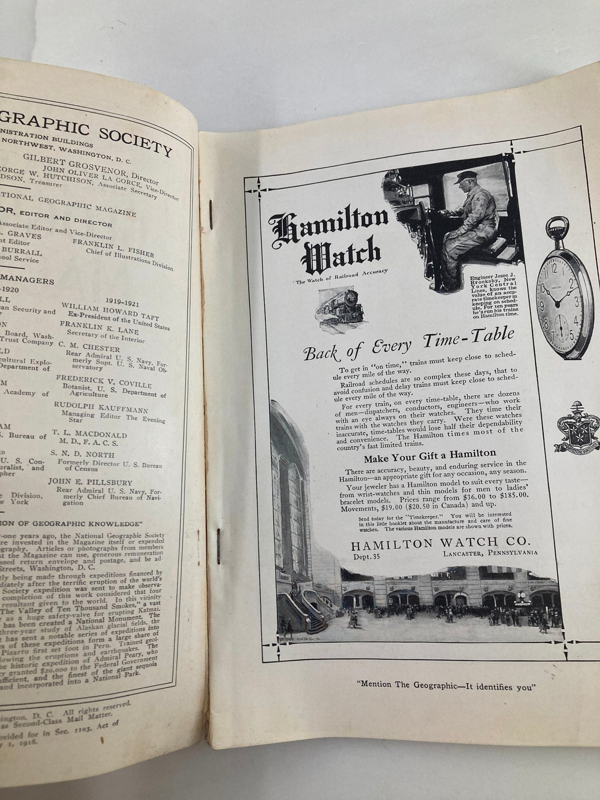 Interior page of VTG The National Geographic Magazine September 1919, displaying an advertisement for Hamilton Watch with a vintage design.