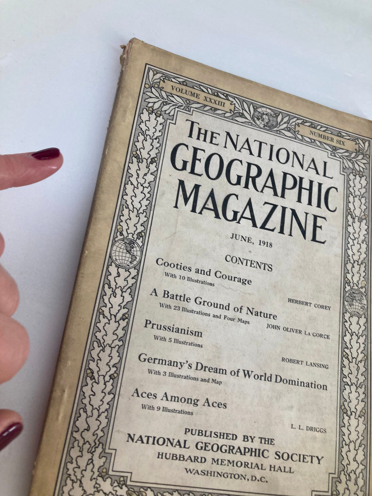 Cover of VTG The National Geographic Magazine June 1918 featuring the title, 'Cooties and Courage,' with a decorative border, showcasing its vintage charm.