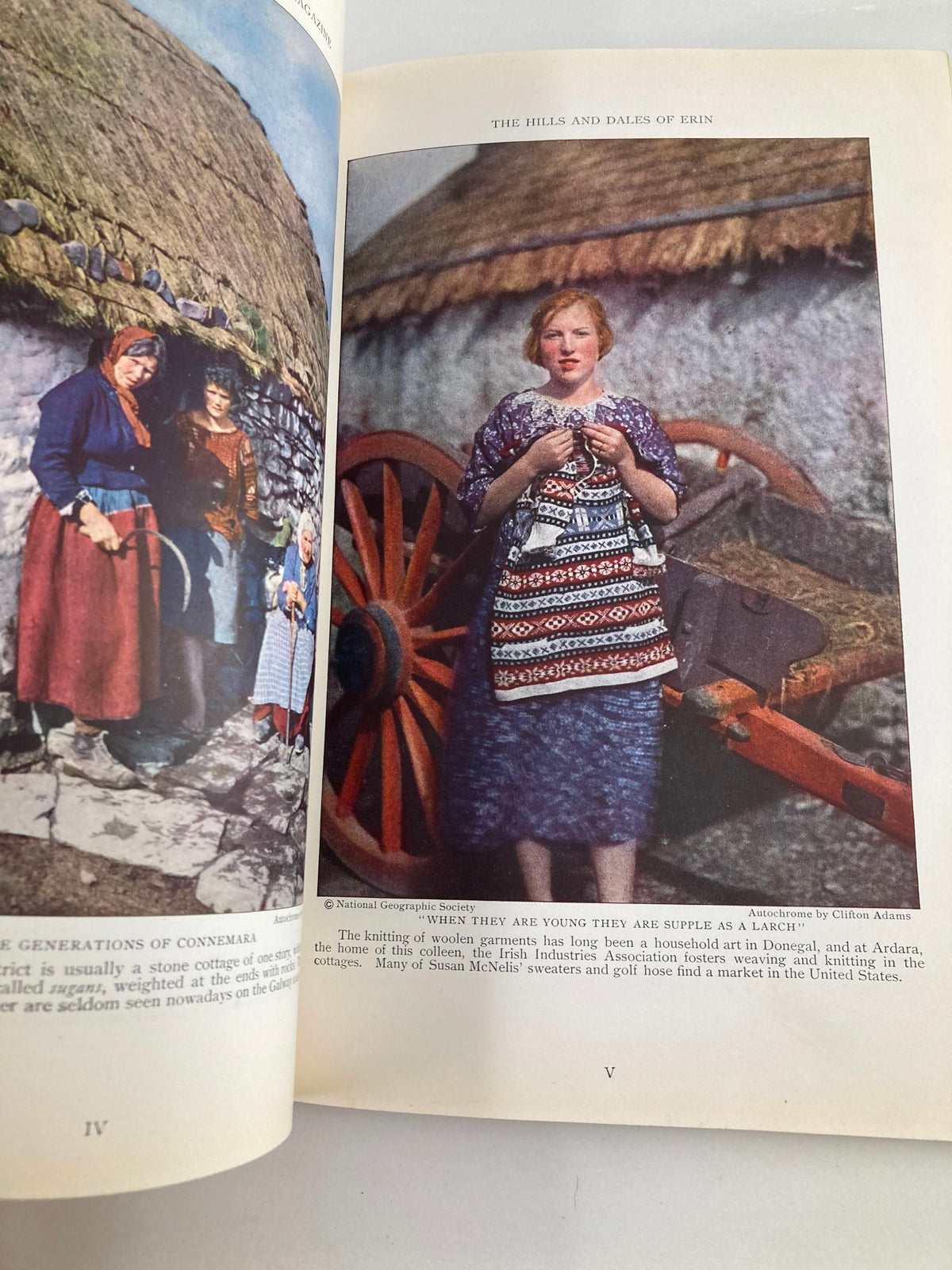 Image from VTG The National Geographic Magazine March 1927 featuring women in traditional clothing from the Hills and Dales of Erin, capturing cultural heritage and artistry.