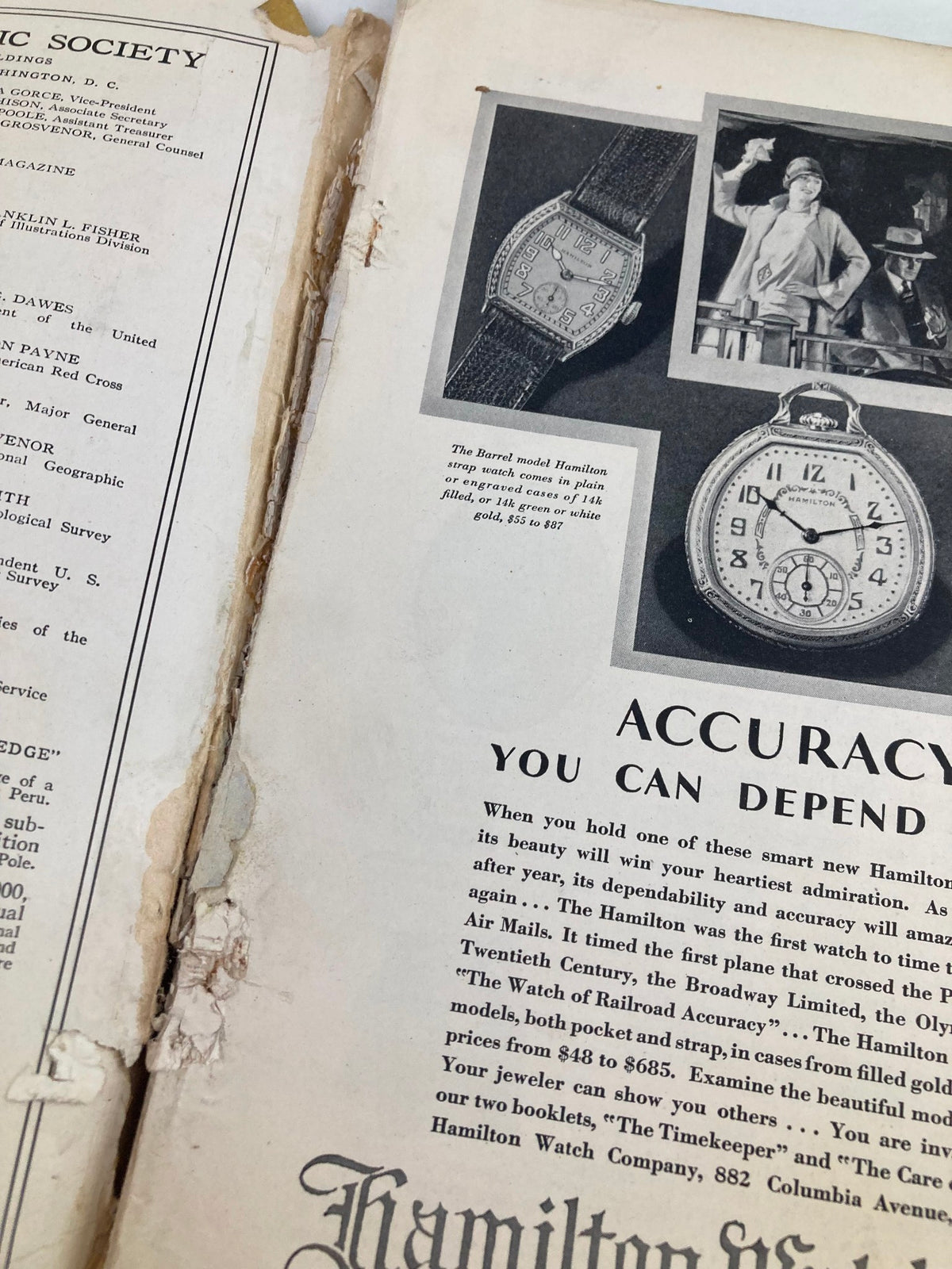 Vintage advertisement page from VTG The National Geographic Magazine January 1928 showcasing Hamilton watches and accuracy in timekeeping.