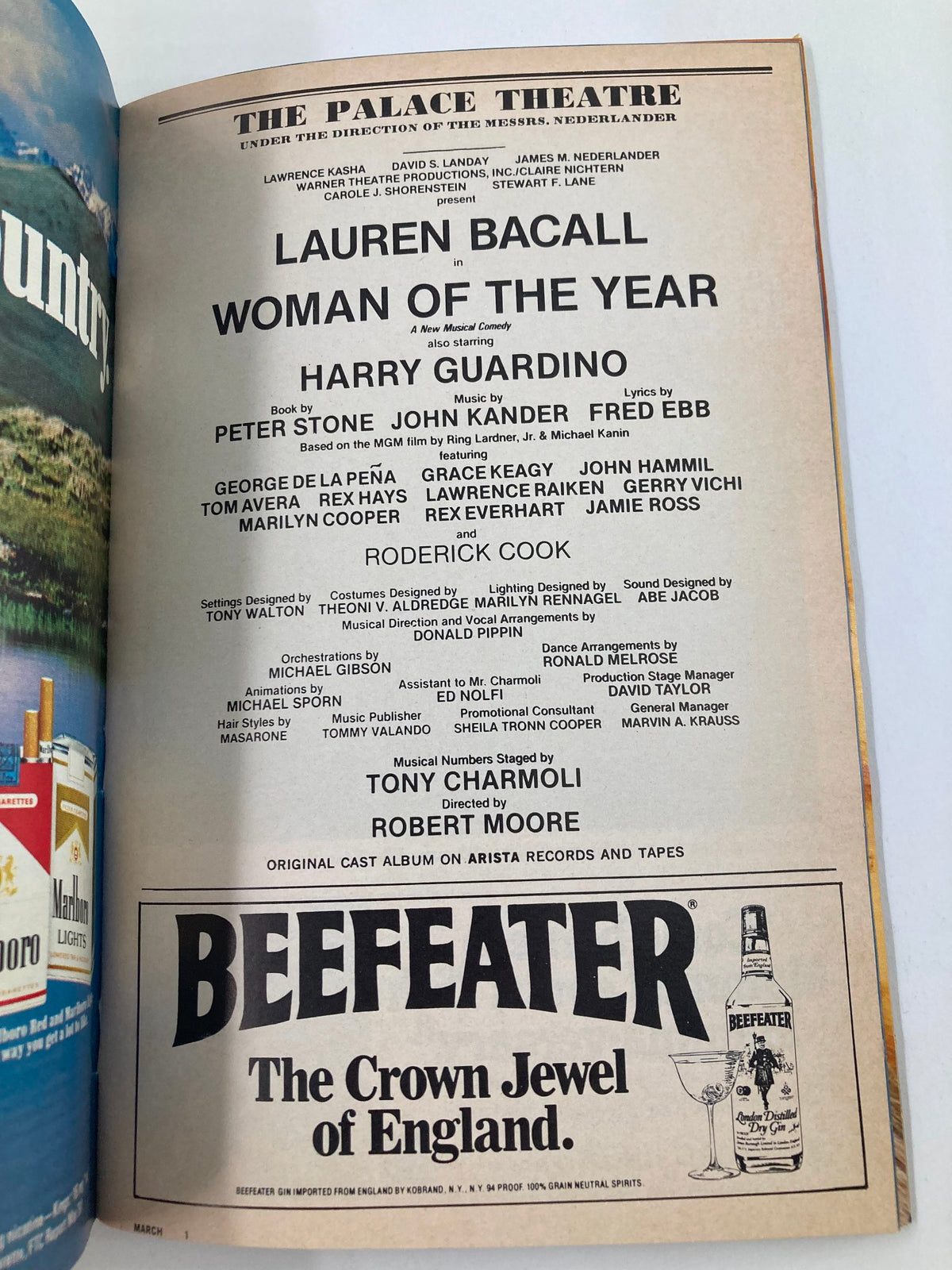 Page from the 1982 Playbill dedicated to Lauren Bacall's performance in Woman of the Year at The Palace Theatre, featuring cast and production details.