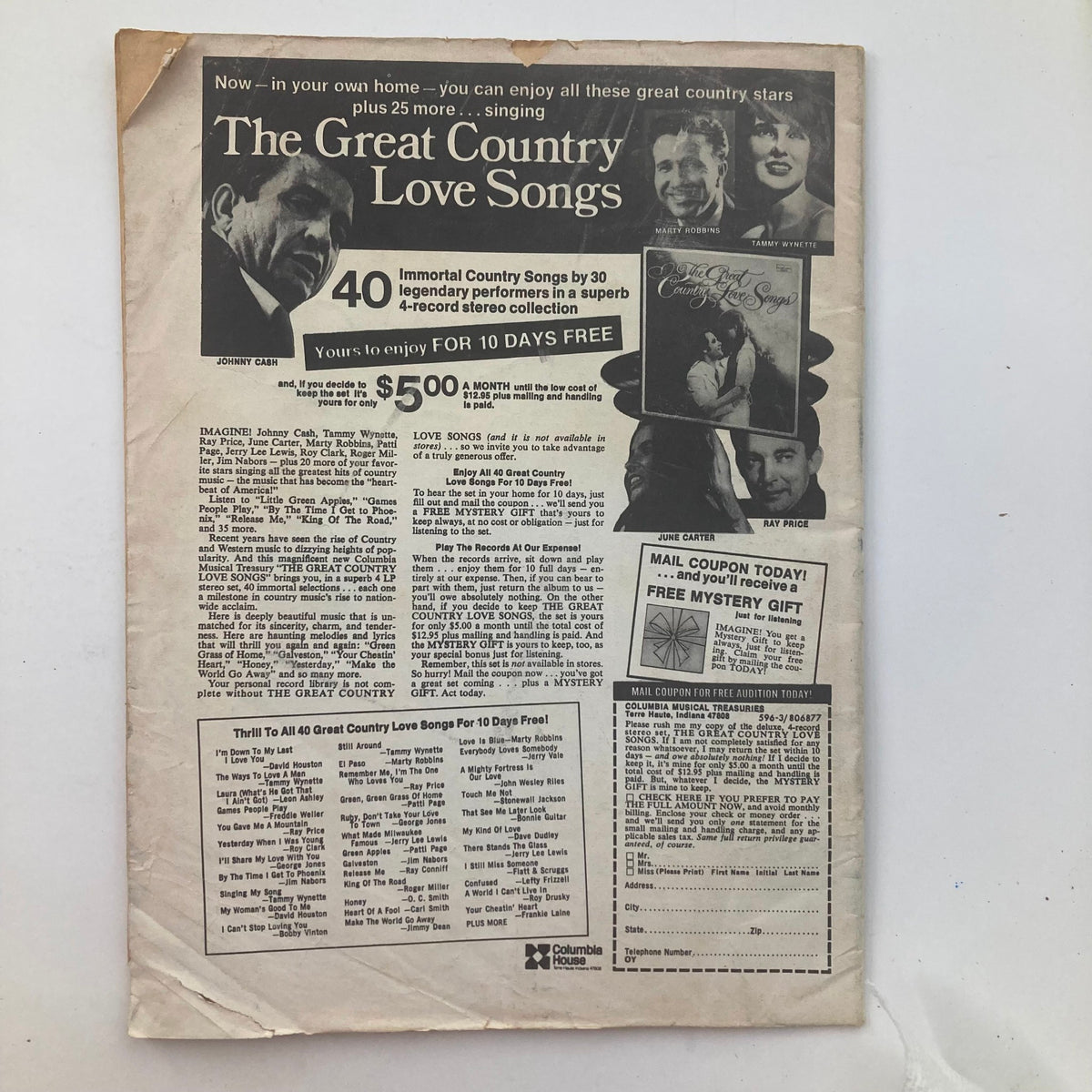 VTG Country Song Roundup Magazine December 1971 featuring Johnny Cash and other legendary country stars, showcasing advertisements for The Great Country Love Songs collection.