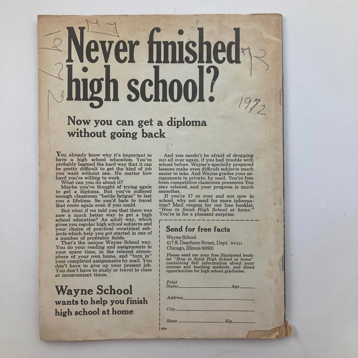 Back cover of the VOTG Country Song Roundup Magazine December 1972. It features an advertisement for a high school diploma program, showcasing vintage educational advertising.