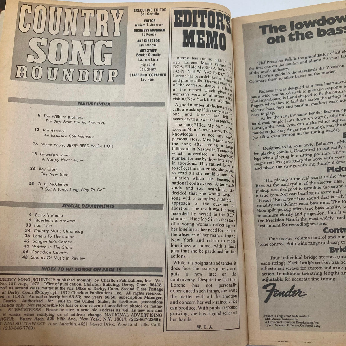 Inside page of the VTG Country Song Roundup Magazine August 1972, displaying the table of contents and editor's memo, showcasing features on The Wilburn Brothers and other country music artists.
