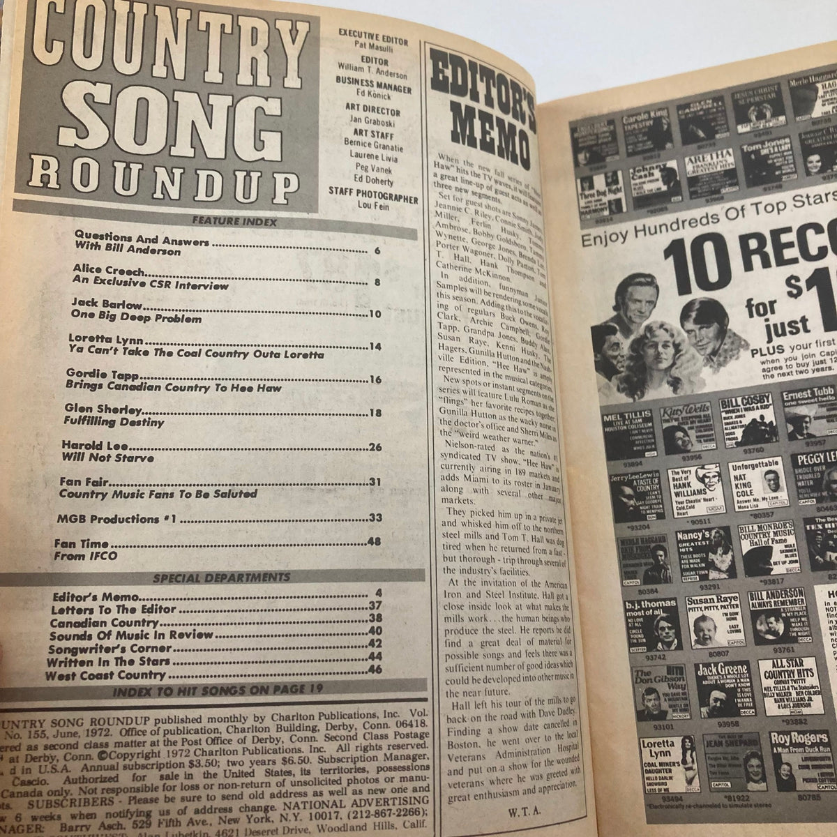 Inside page of VTG Country Song Roundup Magazine June 1972 displaying the feature index and editor's memo, highlighting articles including those about Loretta Lynn and other country music topics.