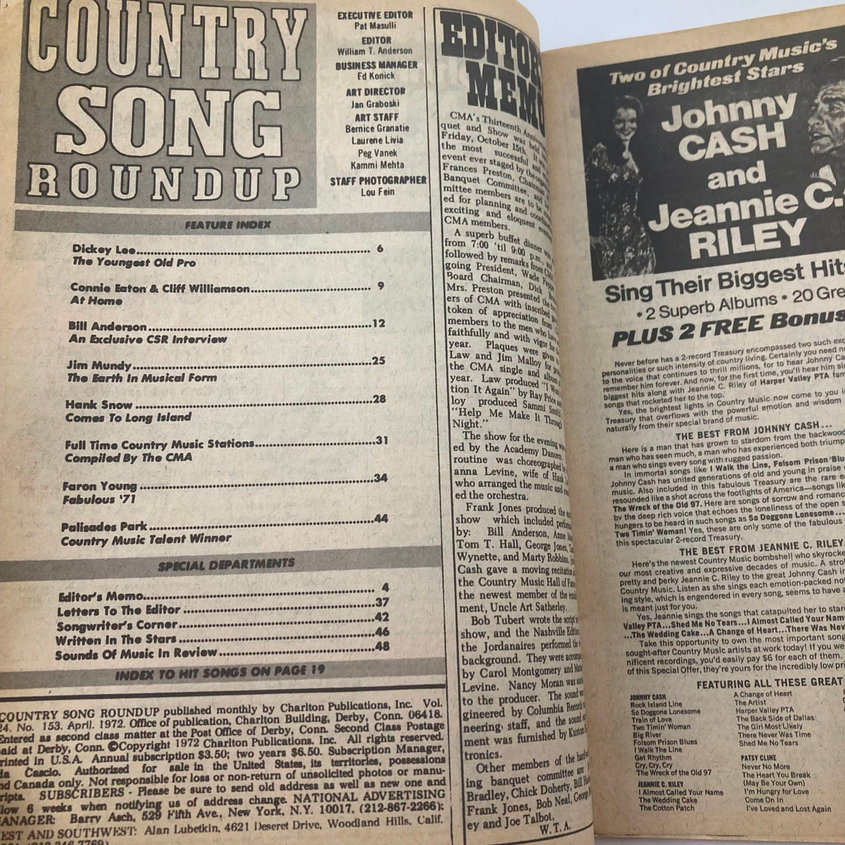 Inside pages of the VTG Country Song Roundup Magazine April 1972 featuring Connie Eaton, showcasing articles and features about country music stars, including a detailed index of the magazine's content.