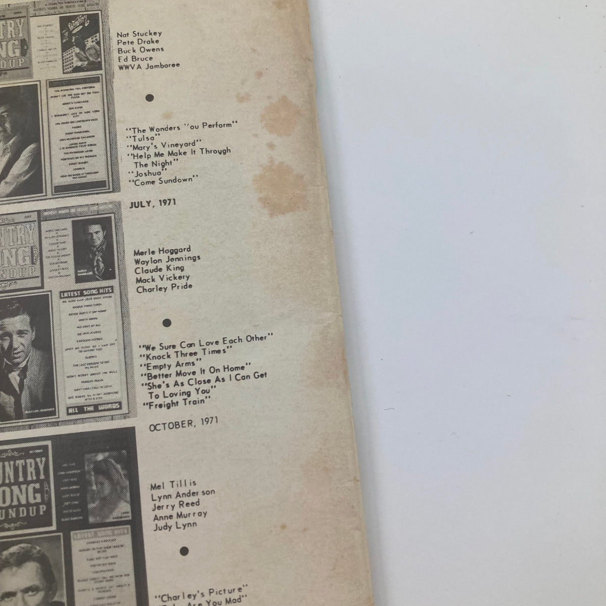 Back cover of the VTG Country Song Roundup Magazine April 1972, displaying previous issues and popular country songs, highlighting its role in documenting the music culture of the era.