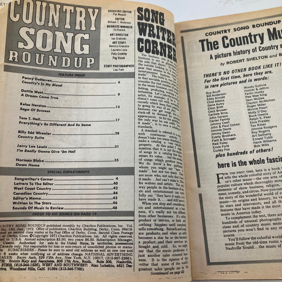 Inside page of VTG Country Song Roundup Magazine January 1972 showcasing the feature index, including Dottie West and other notable country artists. This page offers a glimpse into the content of the magazine.