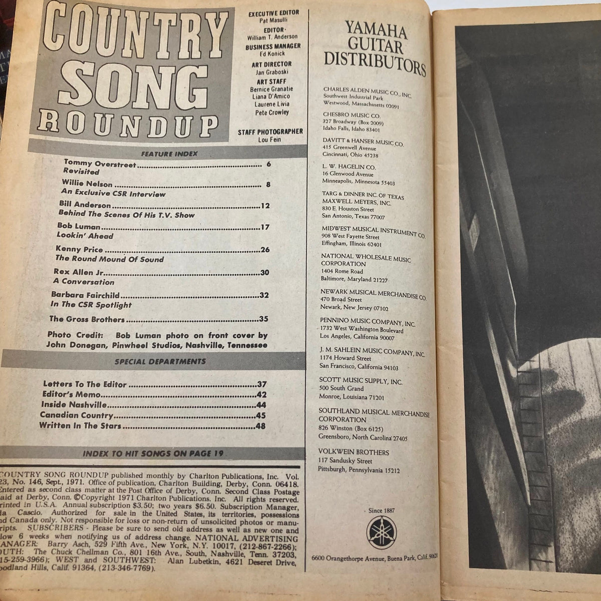 Interior page of VTG Country Song Roundup Magazine September 1971 displaying the feature index, articles, and music highlights from the country music scene.