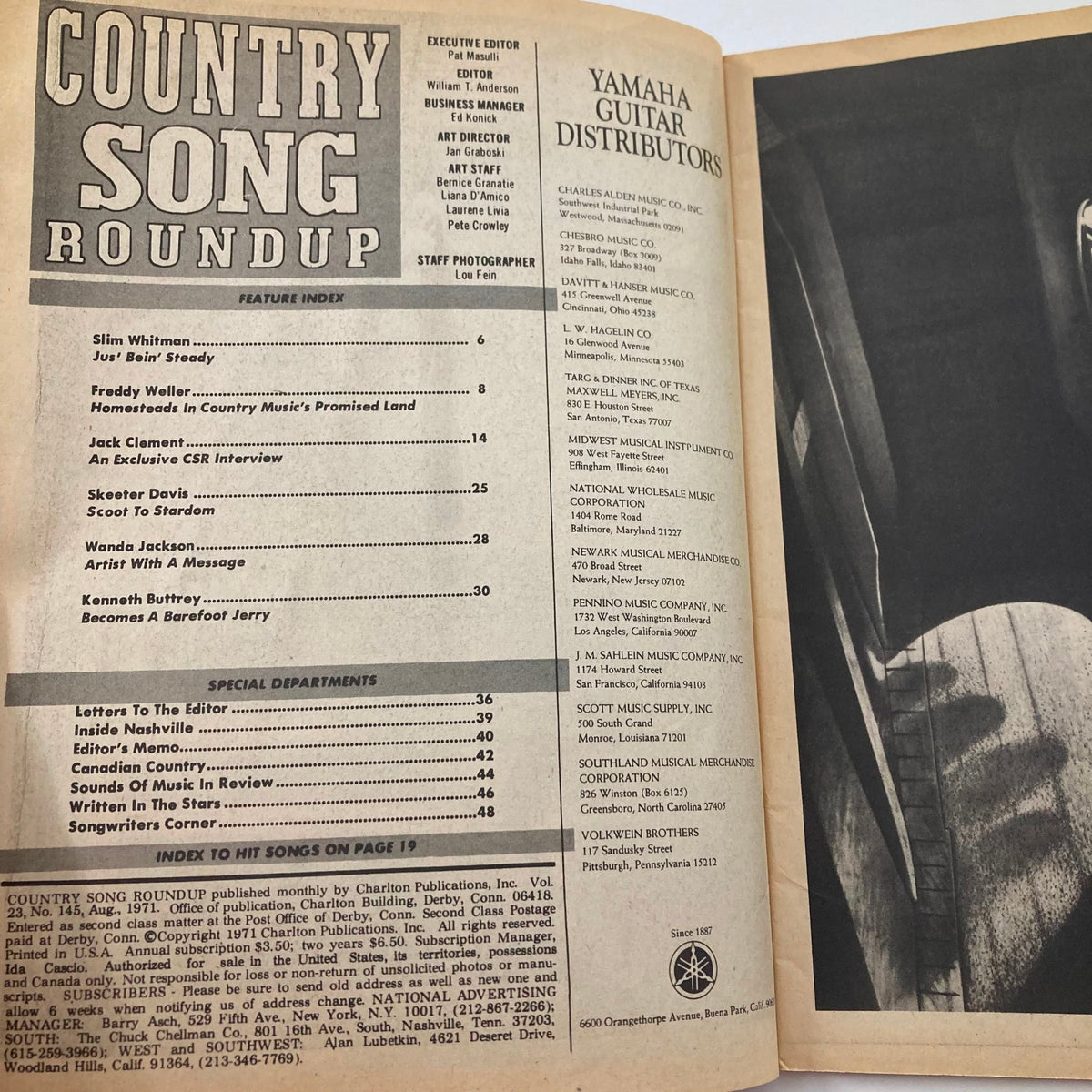 Inside page of the VTG Country Song Roundup Magazine, August 1971 displaying the feature index including articles about Skeeter Davis, Freddy Weller, and other country music artists. A glimpse into the magazine's content and layout.