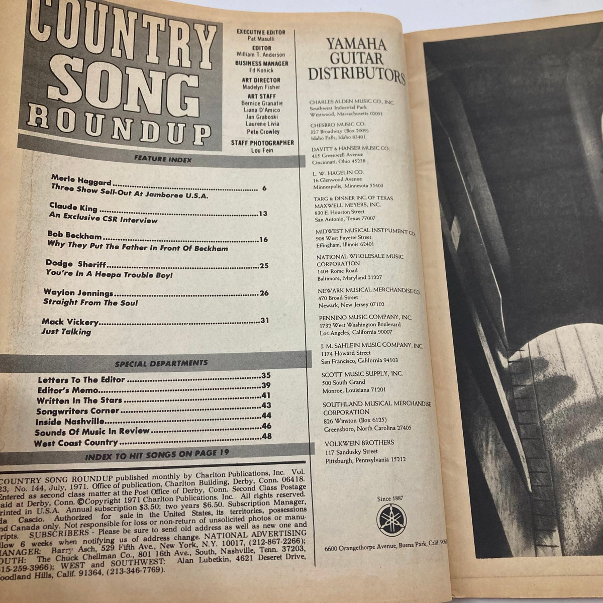 Interior page of Country Song Roundup Magazine July 1971 highlighting feature index and articles about country music stars including Waylon Jennings and Merle Haggard.