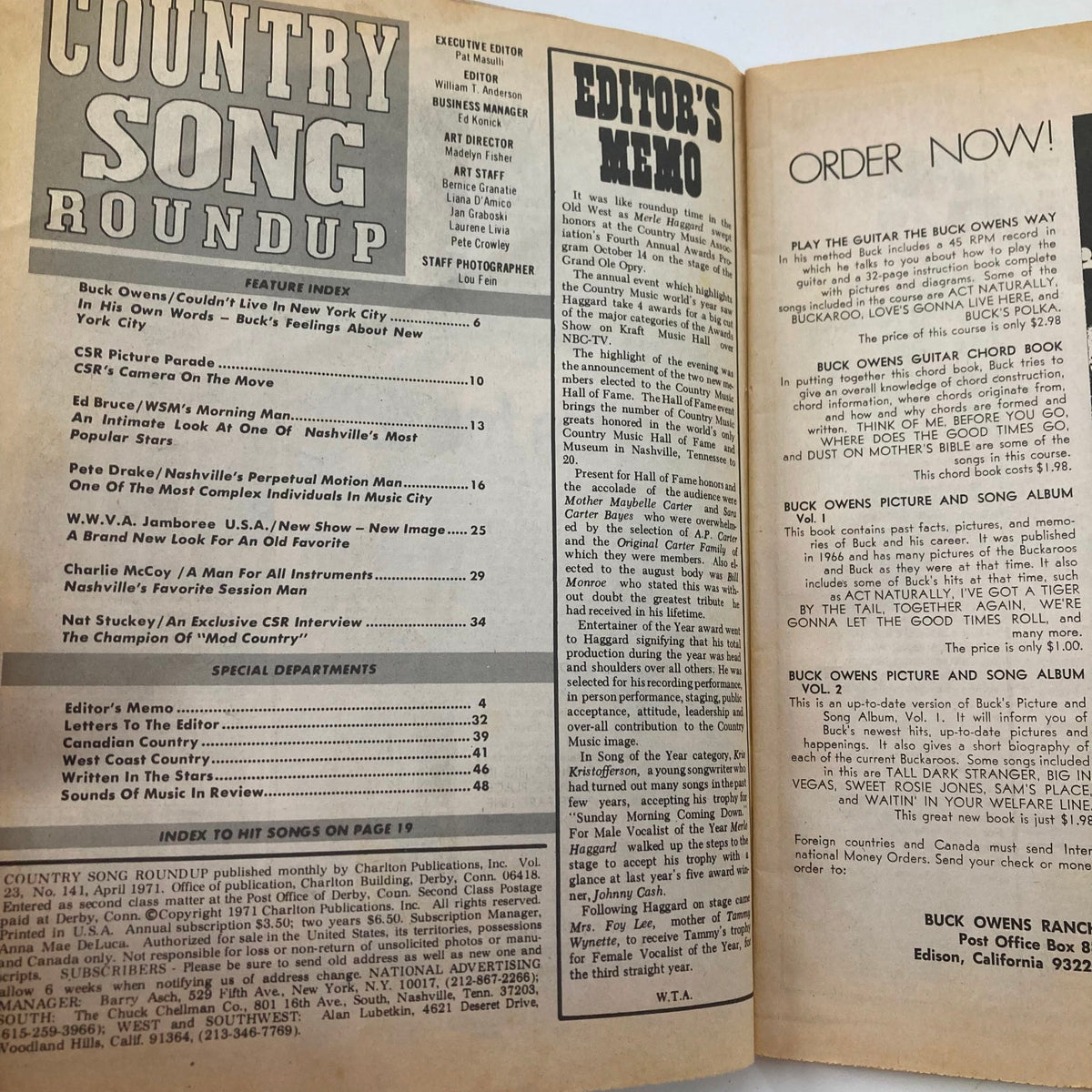 Inside view of the Country Song Roundup Magazine April 1971, including the feature index and editor's memo, highlighting articles on various country music artists.
