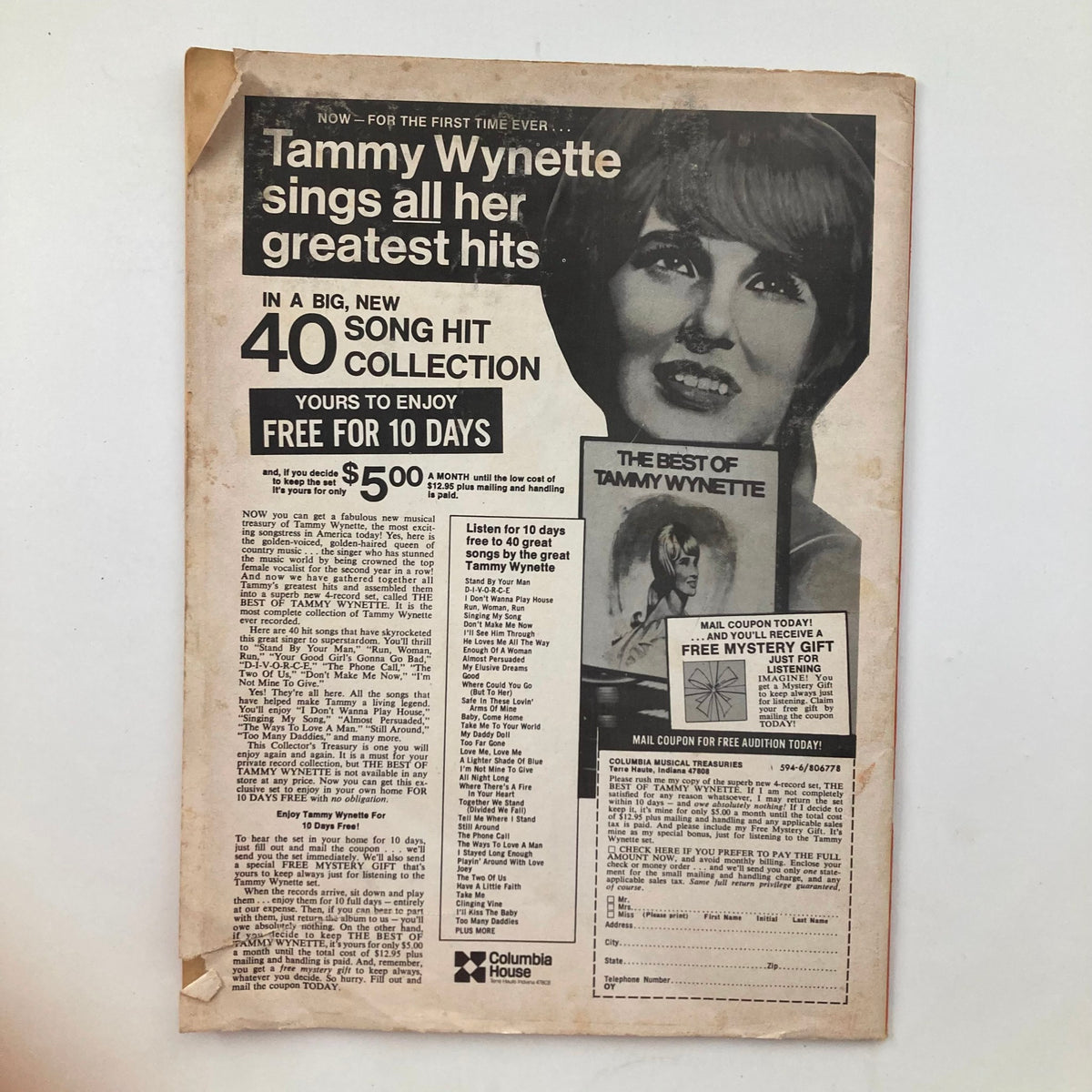 Back cover of Country Song Roundup Magazine October 1971 with advertisement for a Tammy Wynette song collection, detailing a special offer for music lovers.