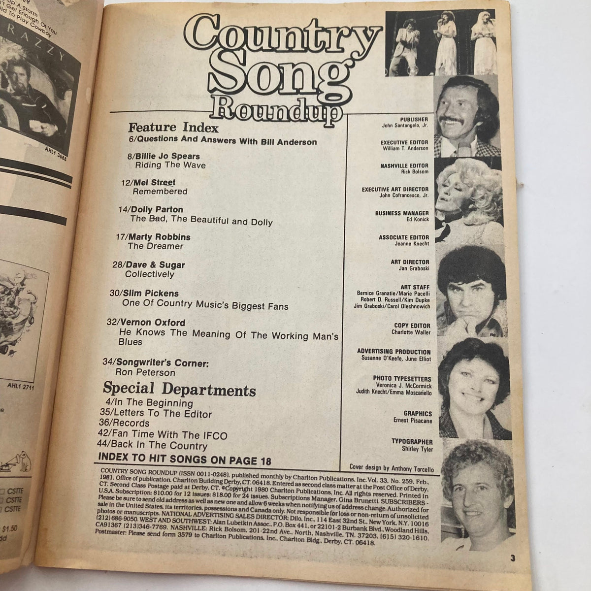Interior page of the VTG Country Song Roundup Magazine February 1981, displaying the feature index including articles on Dolly Parton and other country music icons.