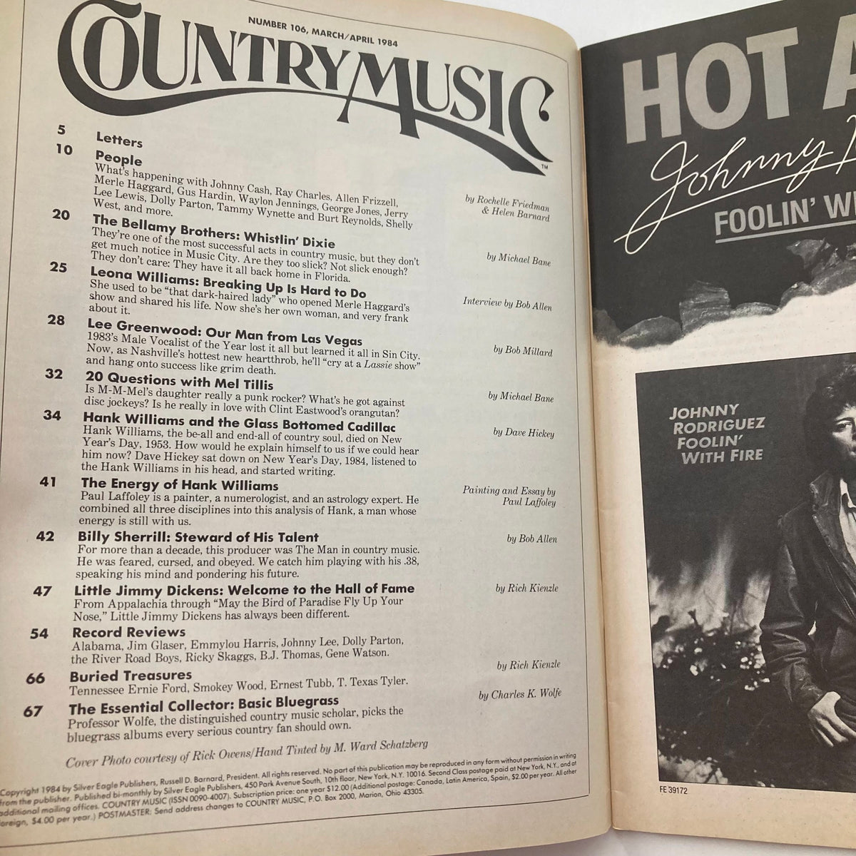 Inside spread of Vintage Country Music Magazine March 1984, displaying the table of contents including featured articles and interviews about country music.