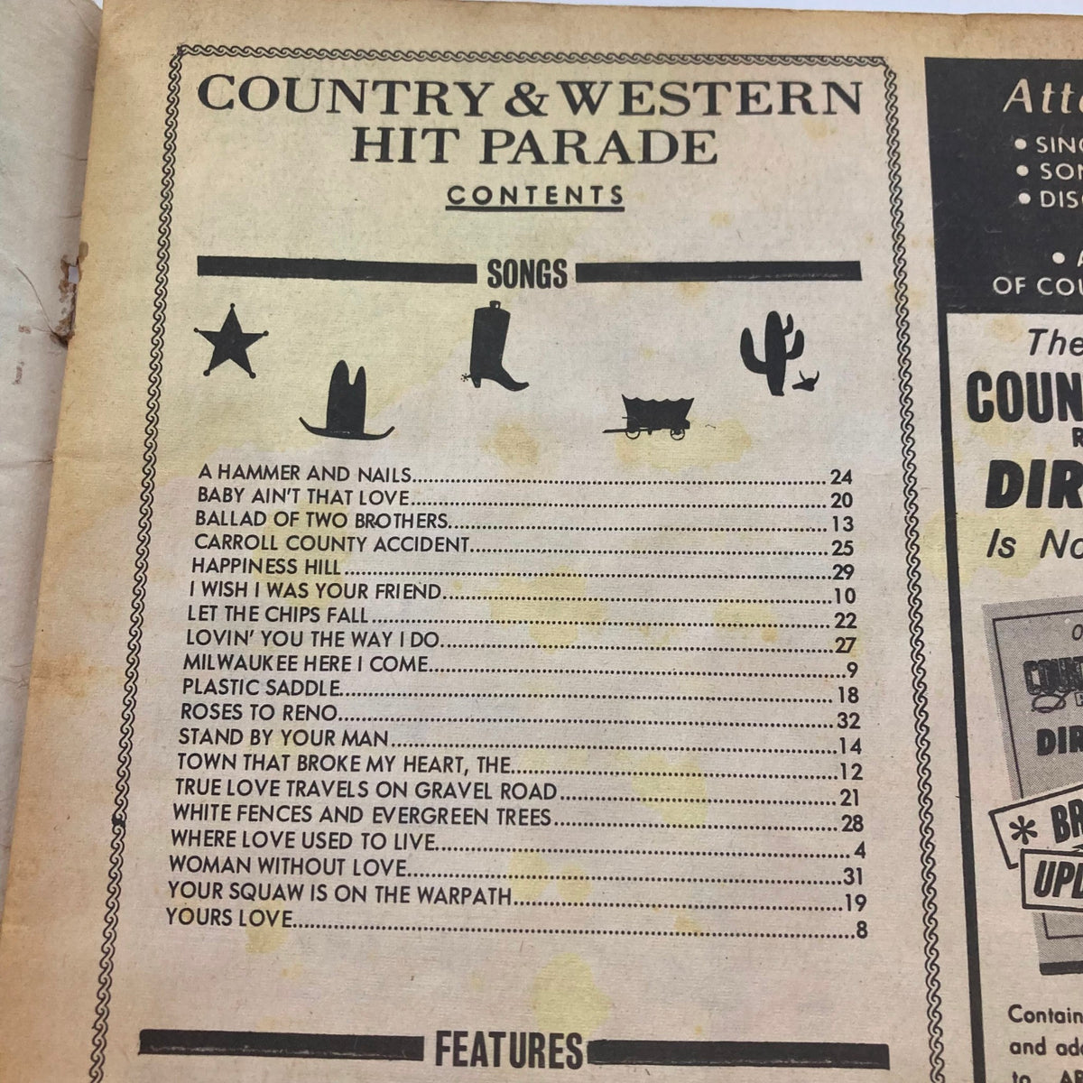 Another view of the contents page from the Country & Western Hit Parade Magazine May 1969, highlighting song titles and featured artists.