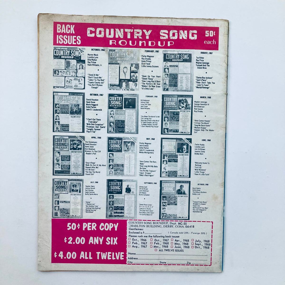 Back cover of the Country & Western Hit Parade Magazine May 1969, featuring ads for back issues and subscription information.
