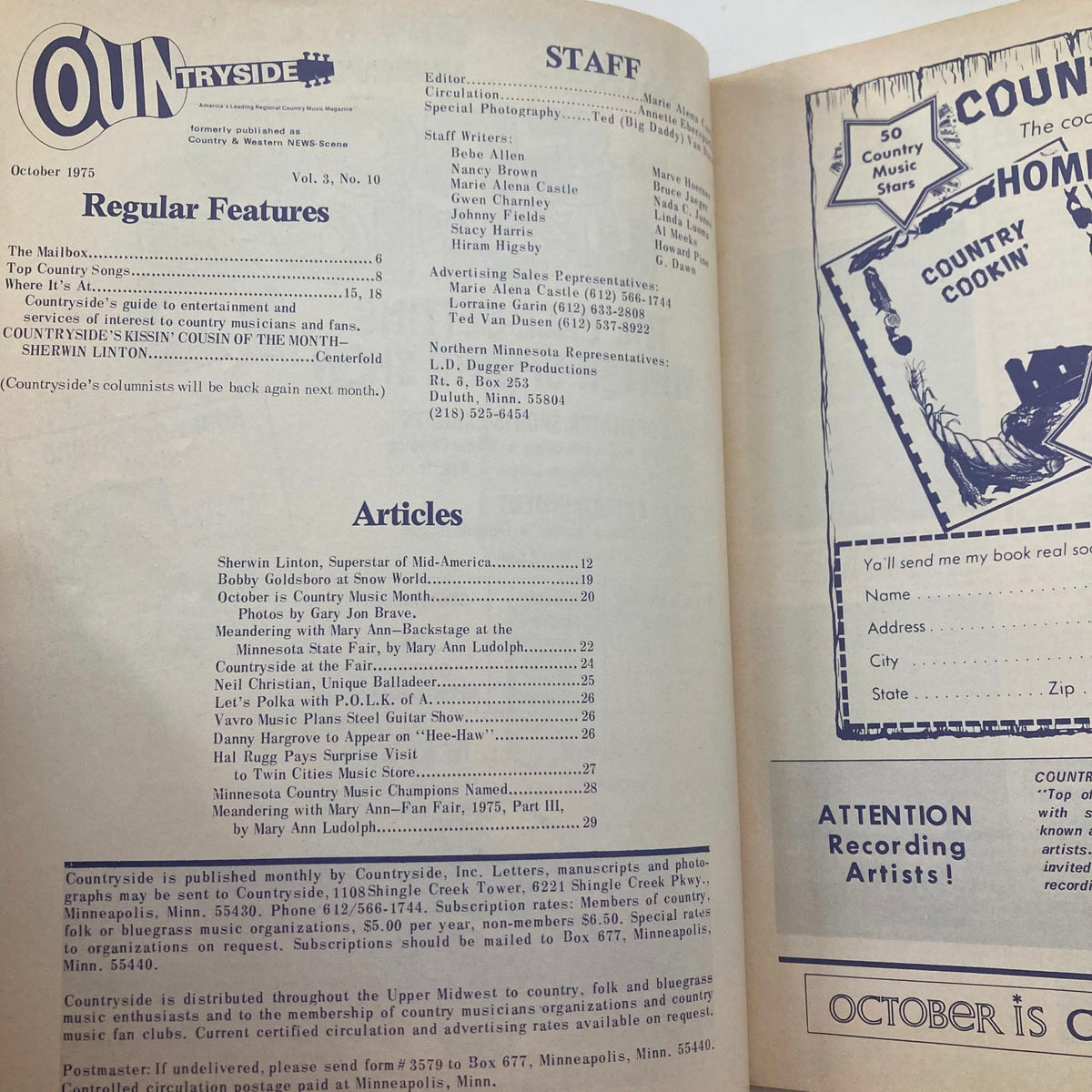 Inside page of VTG Countryside Magazine October 1975 Vol 3 No. 10 listing articles and staff highlights.