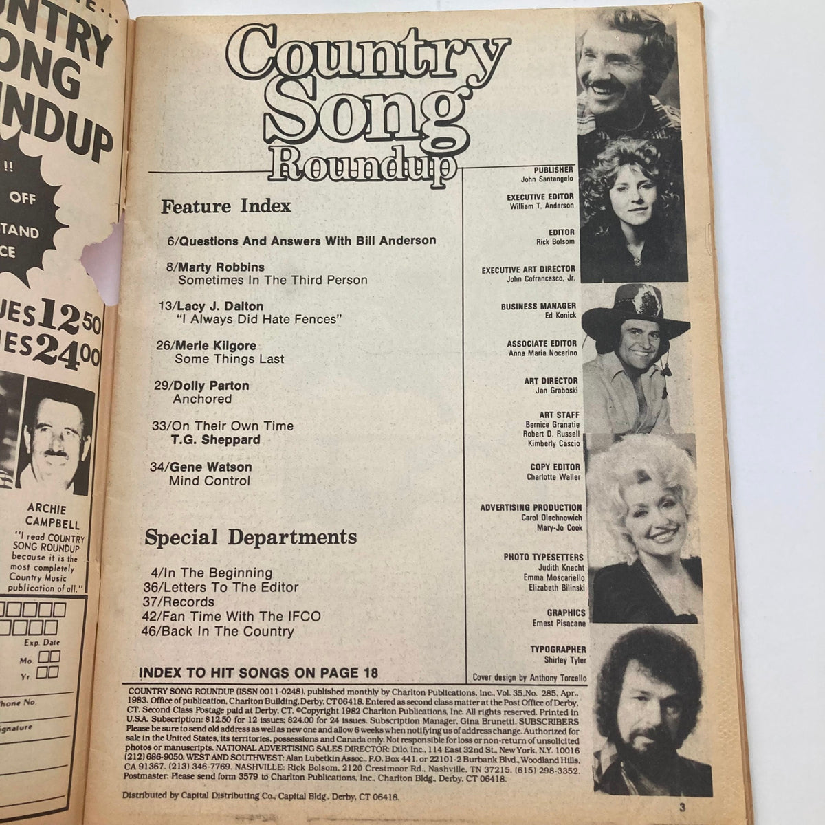 Interior page of the VTG Country Song Roundup Magazine April 1983 featuring the feature index with articles including Dolly Parton and Marty Robbins, showcasing the magazine's focus on country music history.