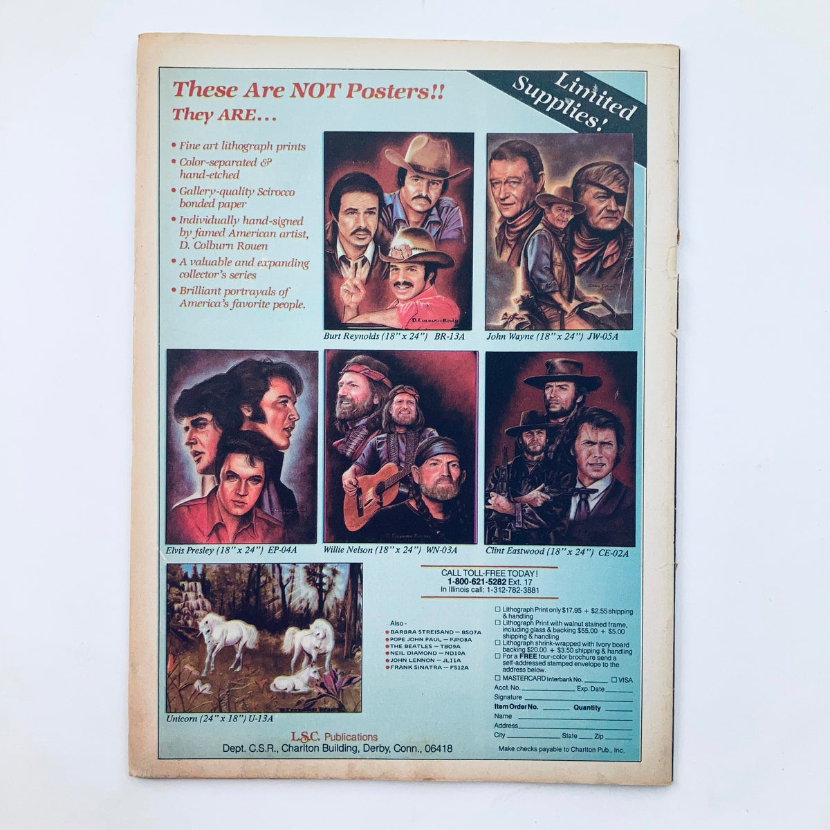 Back cover of the VTG Country Song Roundup Magazine April 1983 highlighting art prints of famous personalities including Elvis Presley and John Wayne, indicating the magazine's connection to popular culture.