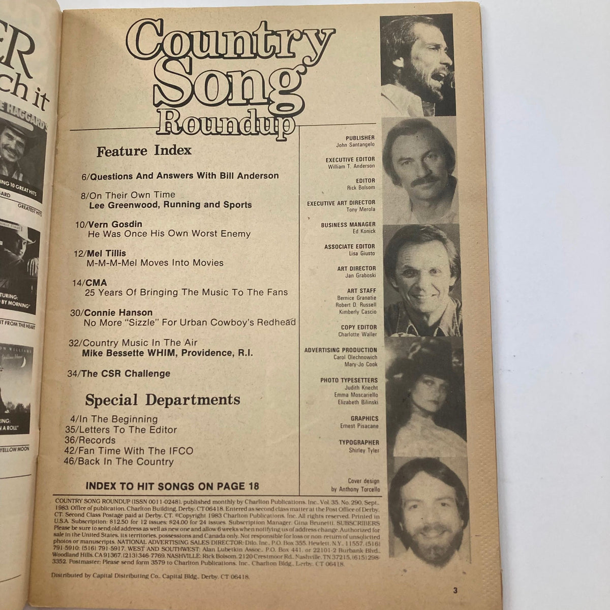 Feature Index page of VTG Country Song Roundup Magazine September 1983, including content related to Lee Greenwood, Mel Tillis, and country music history.