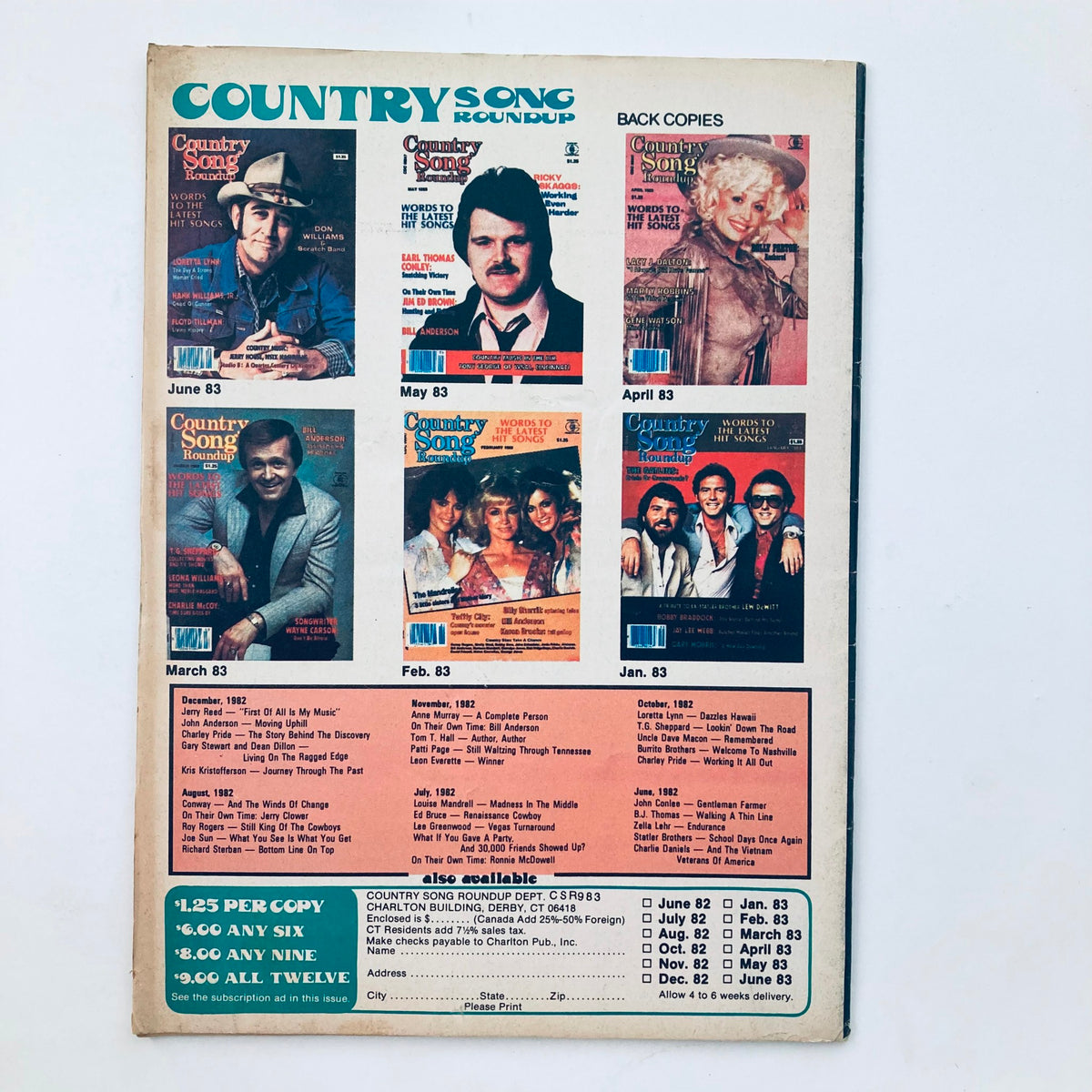 Back cover of VTG Country Song Roundup Magazine September 1983 showcasing previous issues and artists, highlighting the popularity of country music.