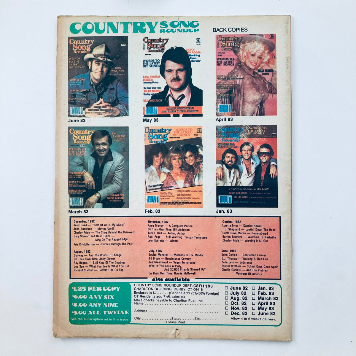 Back cover of VTG Country Song Roundup Magazine November 1983 showcasing previous covers and subscription information for the magazine.