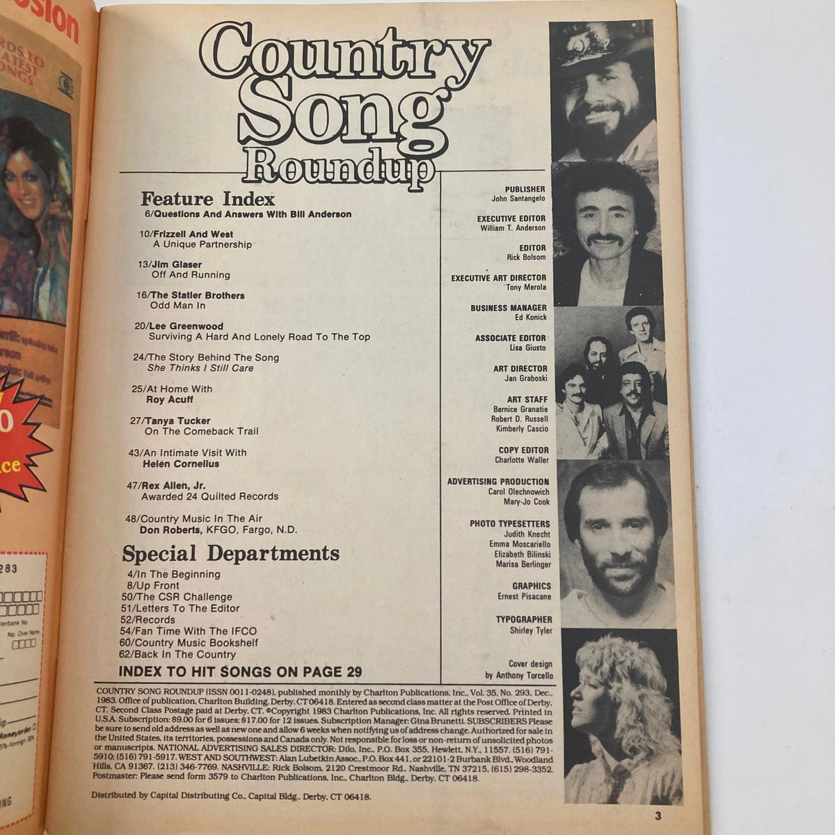 Inside page of VTG Country Song Roundup Magazine December 1983 featuring feature index, special departments, and contributors, highlighting Statler Brothers and other artists.