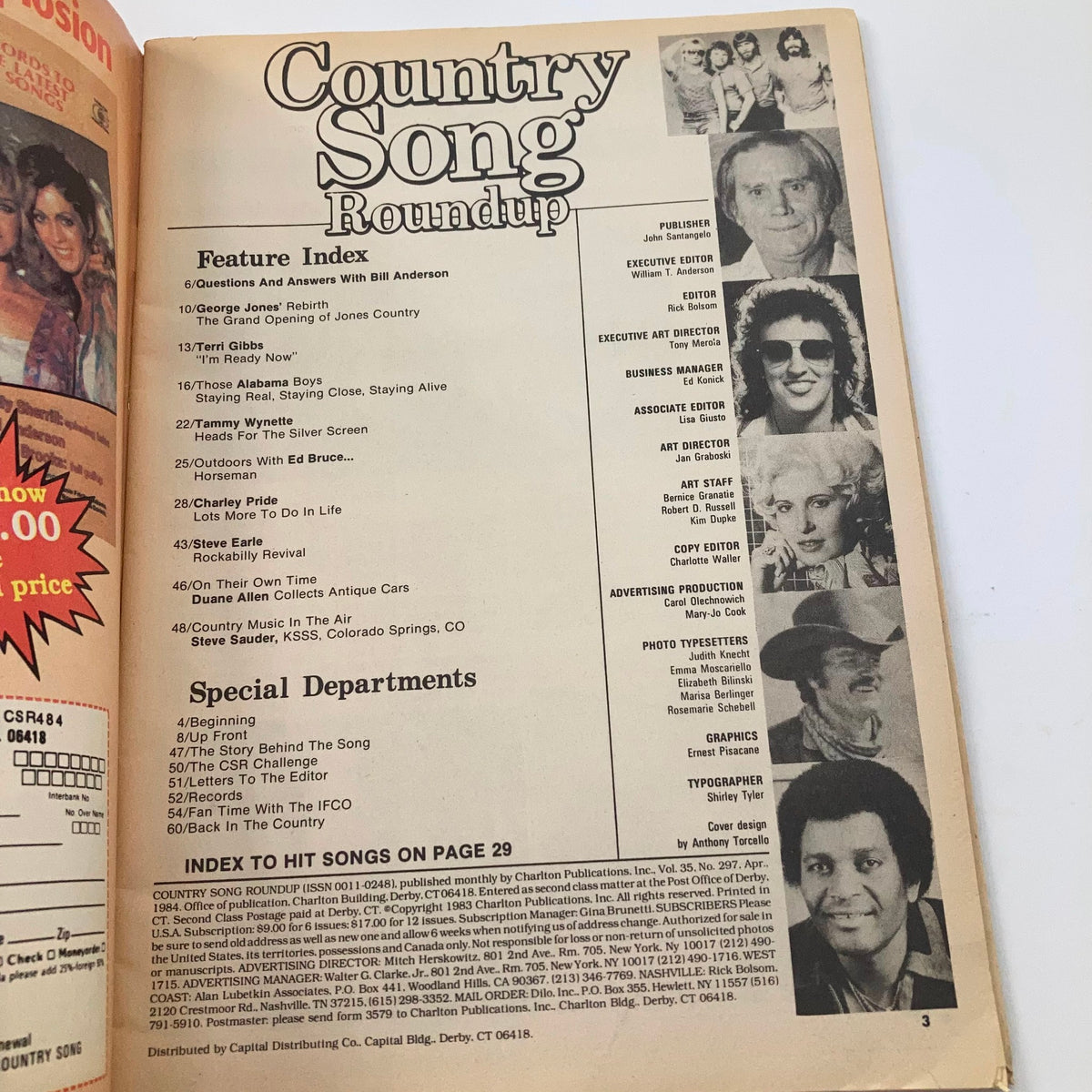 Page from the April 1984 VTG Country Song Roundup Magazine featuring the Feature Index, showing articles including 'The Alabama Boys Staying Alive' and contributions from notable country artists.