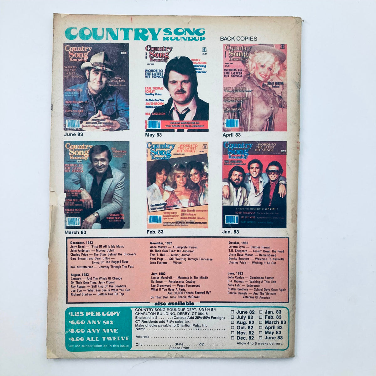 Back cover of the April 1984 VTG Country Song Roundup Magazine displaying previous magazine issues and features, highlighting the magazine's rich country music history.