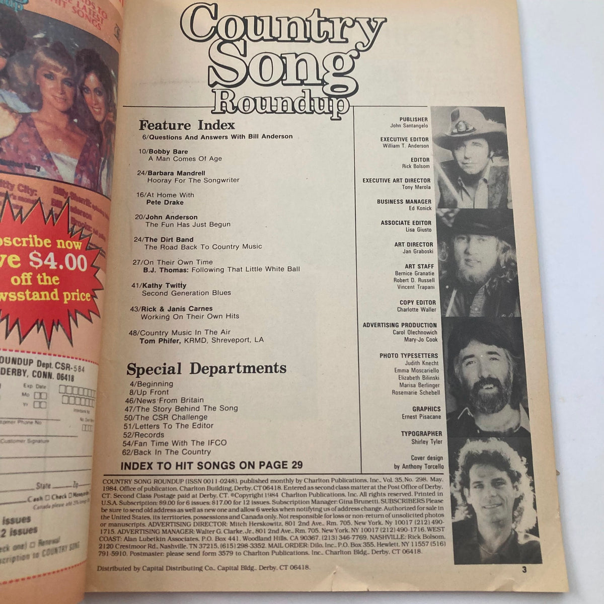 Interior page of the Country Song Roundup Magazine, May 1984 showing the feature index and contributors, emphasizing the magazine's focus on country music.