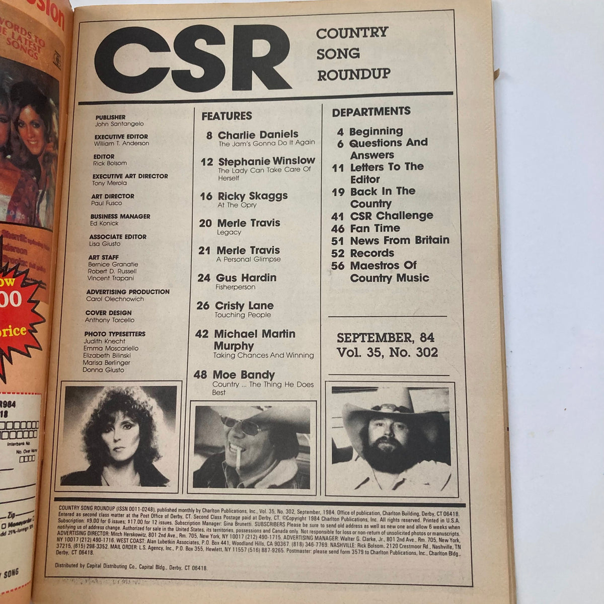 Inside page of the VTG Country Song Roundup Magazine September 1984 showcasing featured artists including Ricky Skaggs, with a focus on country music history.
