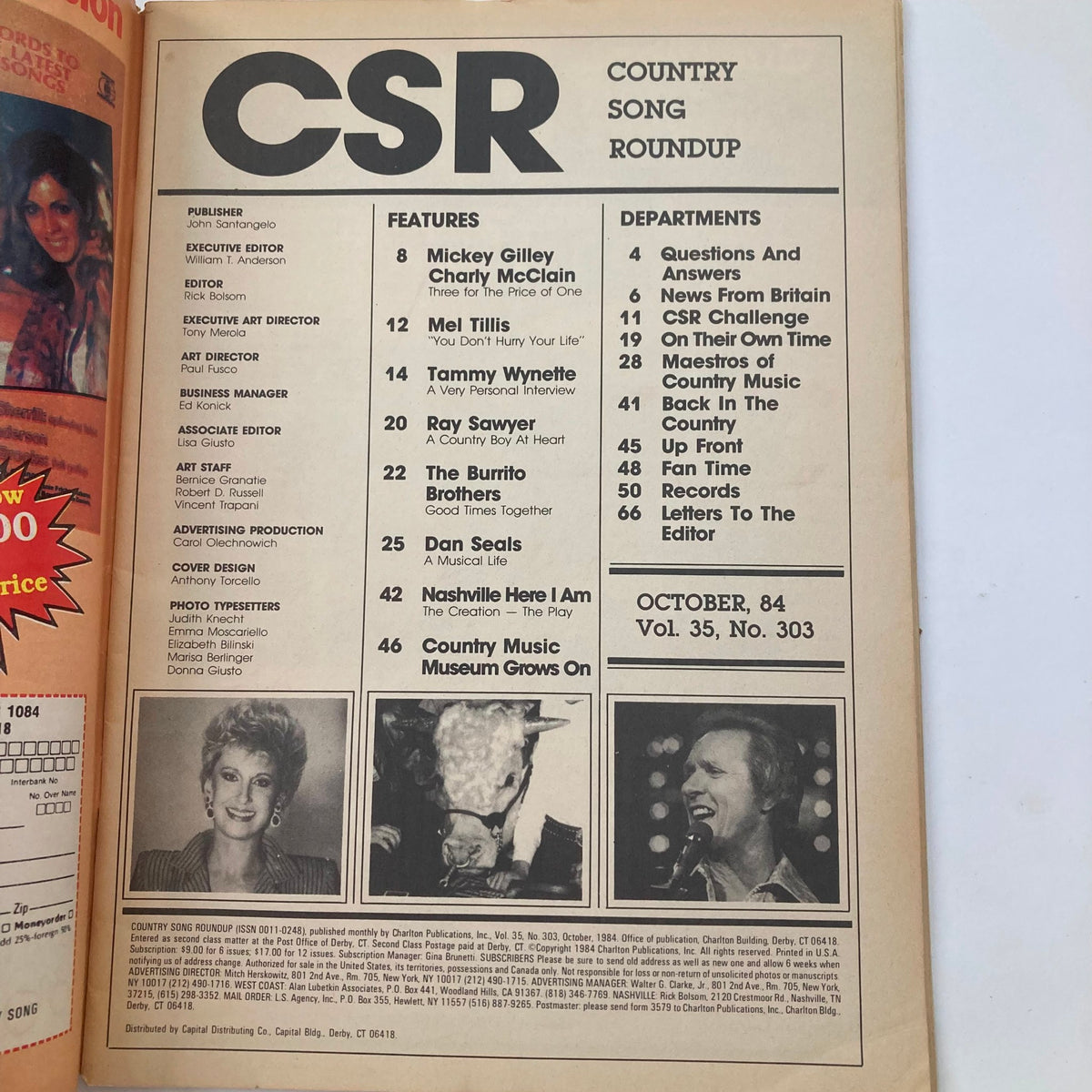 Inside page of VTG Country Song Roundup Magazine, October 1984, displaying the table of contents with features including Tammy Wynette's personal interview.