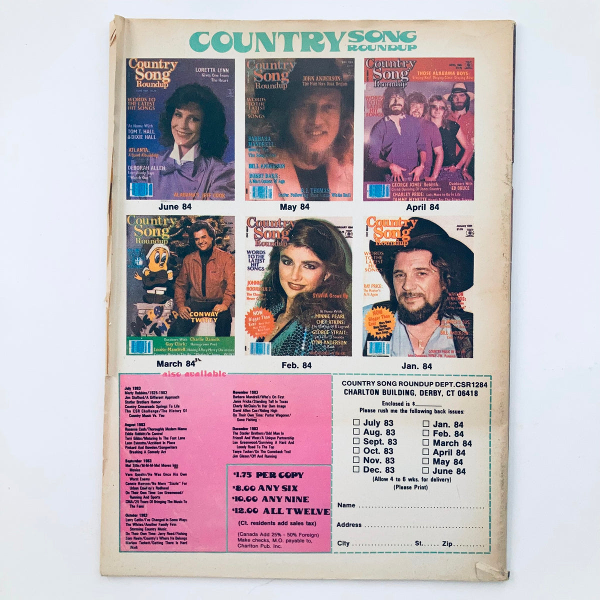 Back cover of the VTG Country Song Roundup Magazine December 1984 displaying previous issues and advertisements, capturing the nostalgia of country music magazines from the 1980s.