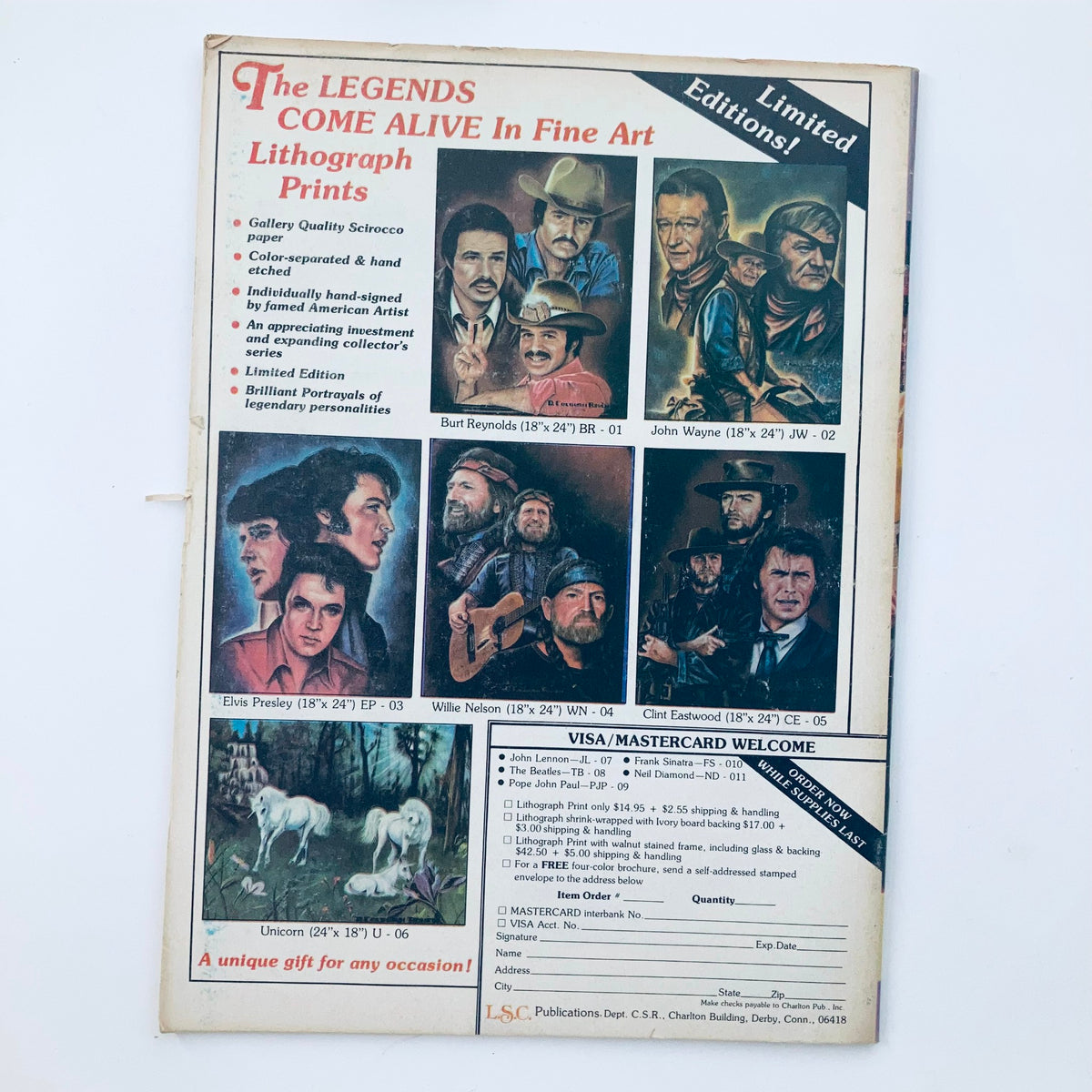 Back cover of VTG Country Song Roundup Magazine November 1985 featuring fine art lithograph prints of icons like Elvis Presley, John Wayne, and Clint Eastwood with details on how to order.